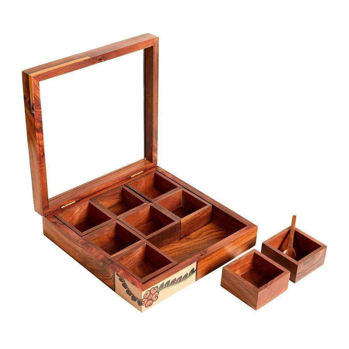 Handcrafted Wooden Masala Box With Spoon For Kitchen -Wooden Multi Utility Box With 9 Container - artystagallery