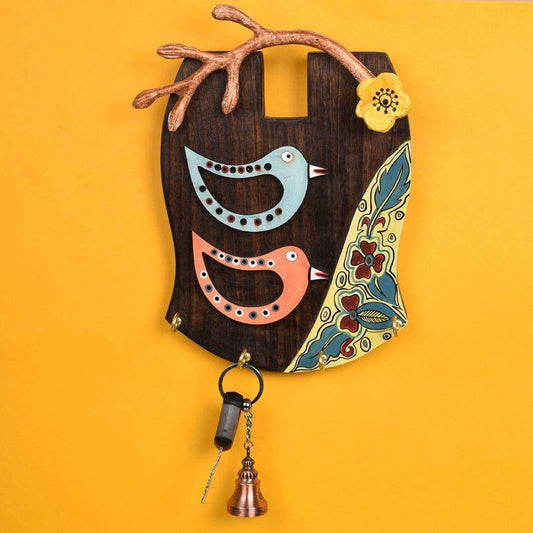 'Chirping Bird' Handcrafted Wooden Key Holder (4 Key Hooks)