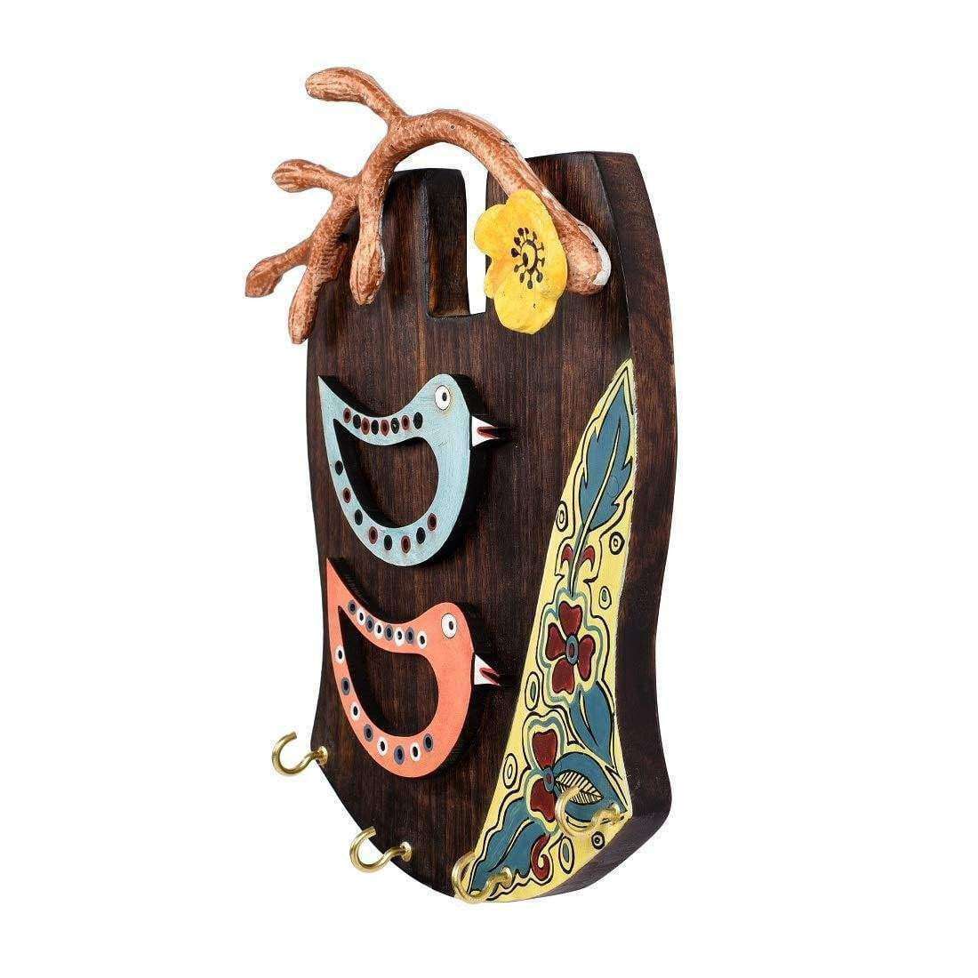 'Chirping Bird' Handcrafted Wooden Key Holder (4 Key Hooks)