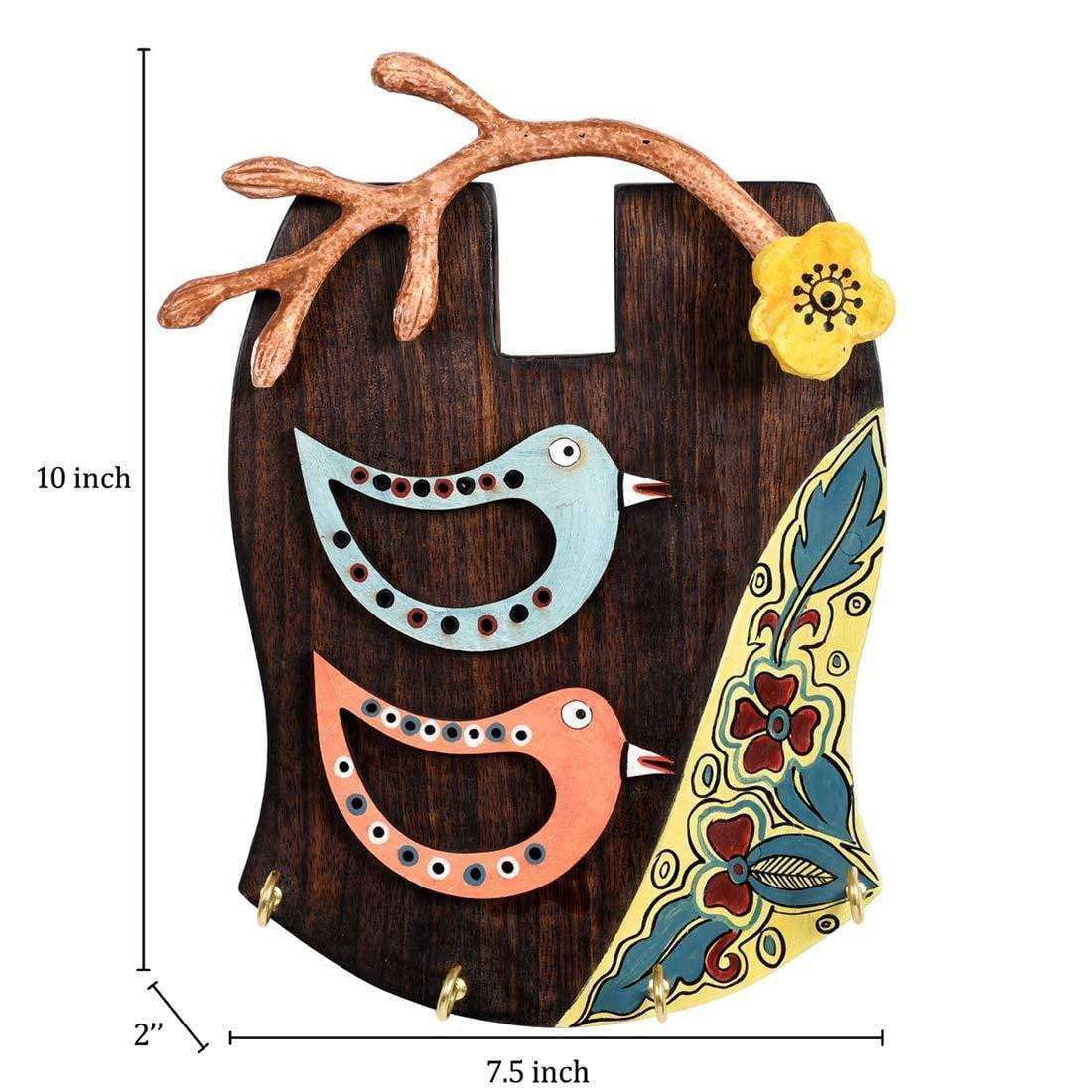 'Chirping Bird' Handcrafted Wooden Key Holder (4 Key Hooks)