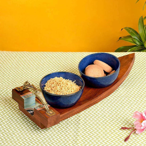 Handmade Wooden Tray With Ceramic Bowls | Serving Tray With Two Soups Bowls - artystagallery