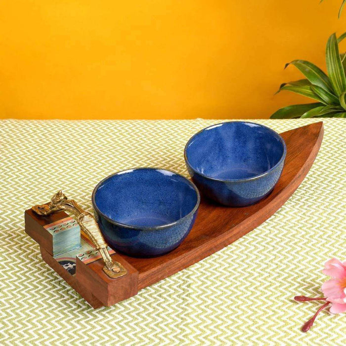 Handmade Wooden Tray With Ceramic Bowls | Serving Tray With Two Soups Bowls - artystagallery