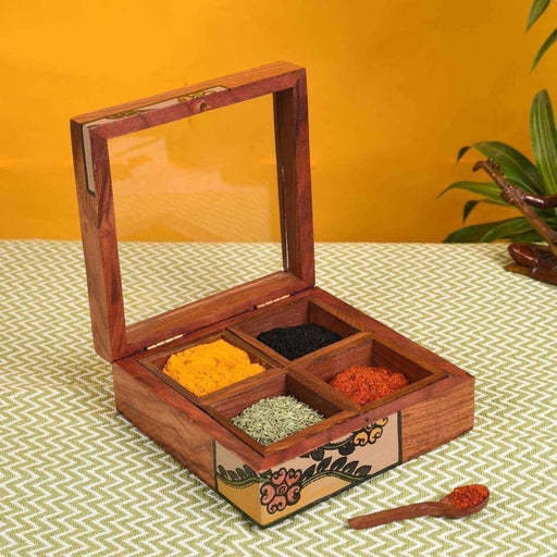 Handmade Wooden Utility/ Wooden Masala Box With Spoon- Spice Box For Kitchen With 4 Container - artystagallery