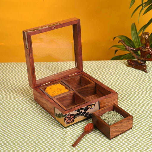 Handmade Wooden Utility/ Wooden Masala Box With Spoon- Spice Box For Kitchen With 4 Container - artystagallery