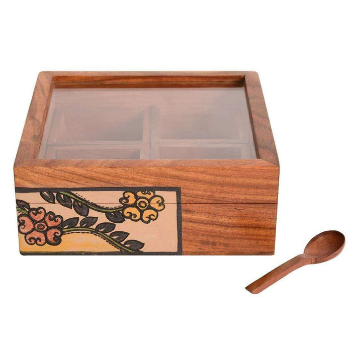 Handmade Wooden Utility/ Wooden Masala Box With Spoon- Spice Box For Kitchen With 4 Container - artystagallery