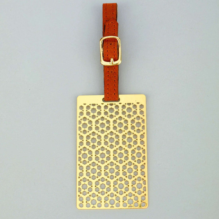 Hexagon Brass Metal Travel Luggage Suitcase Label ID Tag with genuine leather straps - artystagallery