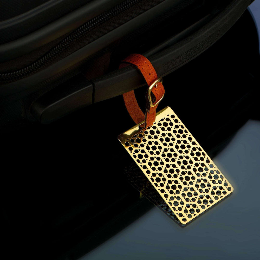 Hexagon Brass Metal Travel Luggage Suitcase Label ID Tag with genuine leather straps - artystagallery