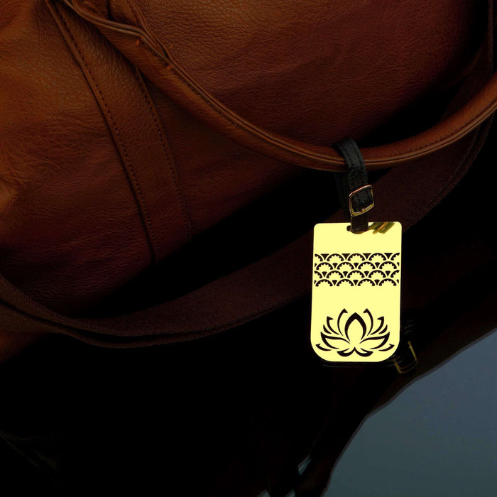 Lotus Brass Metal Travel Luggage Suitcase Label ID Tag with genuine leather straps - artystagallery