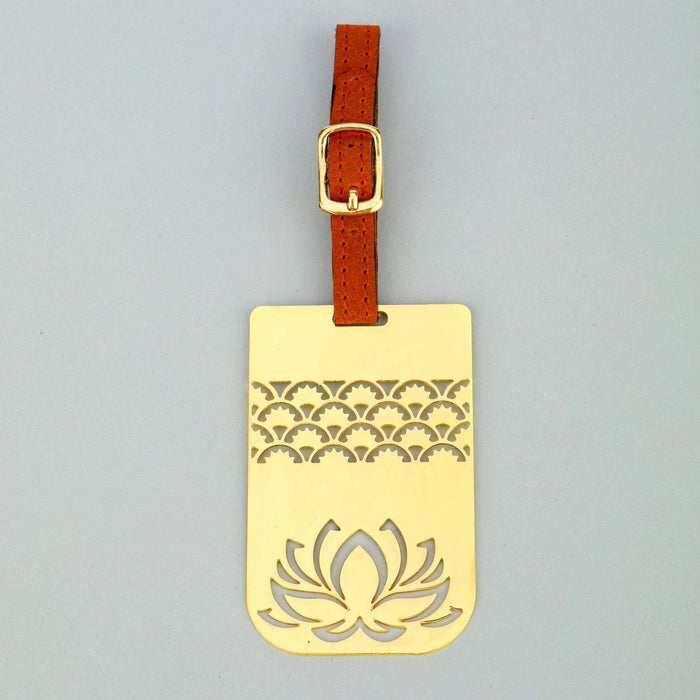 Lotus Brass Metal Travel Luggage Suitcase Label ID Tag with genuine leather straps - artystagallery