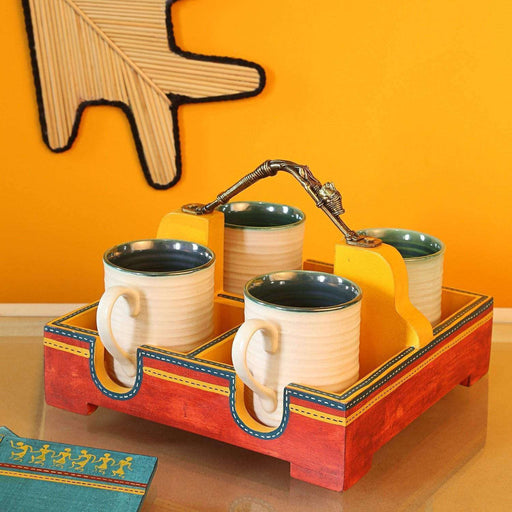 Set of 4 Hand-Painted Cups with Wooden Tray/Wooden Tray with Cup Set/Serving Tray with Cup - artystagallery