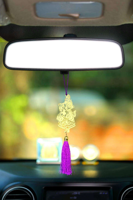 Shri Radha Krishna Car rear view mirror hanging Decor accessories in Brass - artystagallery