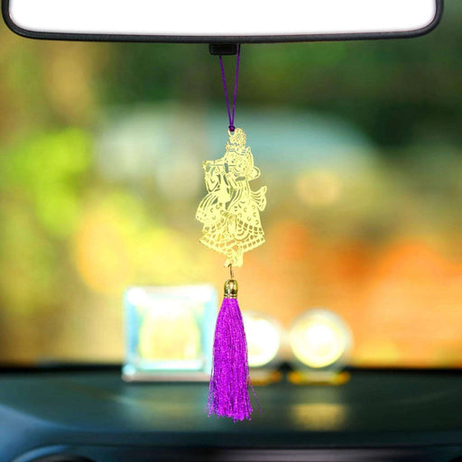 Shri Radha Krishna Car rear view mirror hanging Decor accessories in Brass - artystagallery