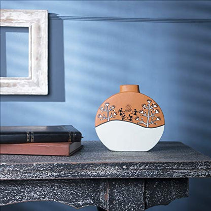 ‘Warli Rounds’ Terracotta Flower Vase In Orange Color, Set of 2