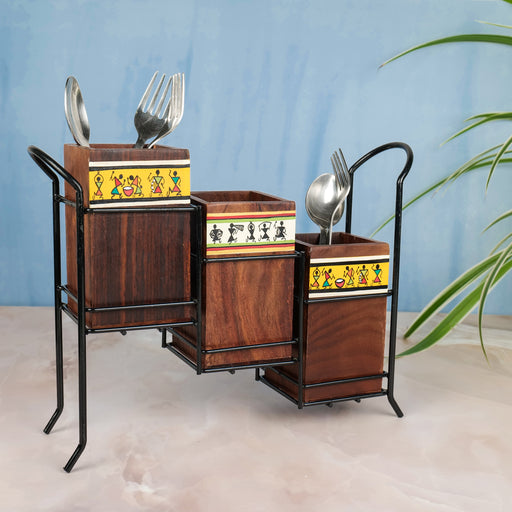 'Warli Trio' Rectangular Cutlery Cum Stationary Holder With Stand, Set of 3