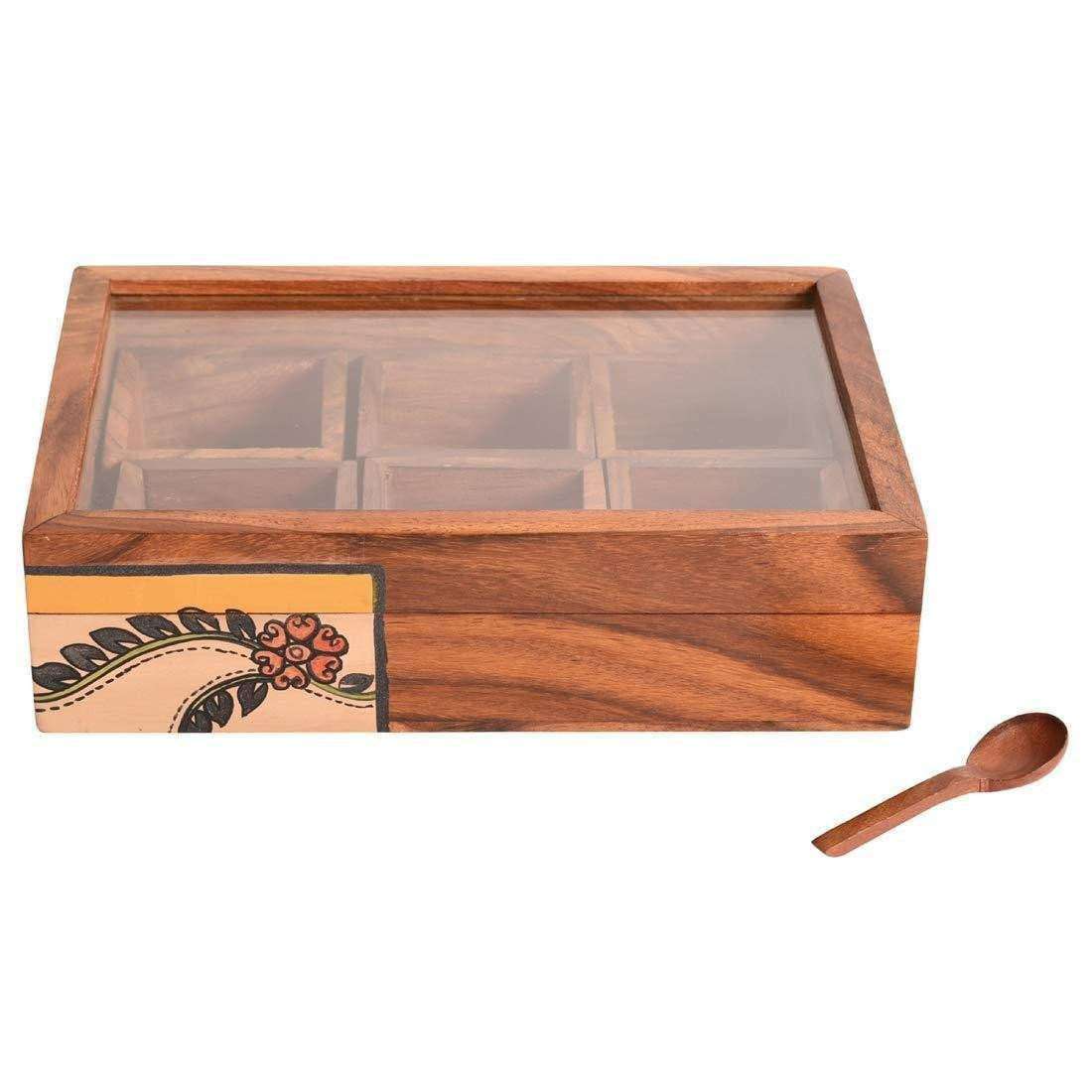 Wooden Decorative Box With Container and Spoon-Wooden Masala Box For Kitchen - artystagallery