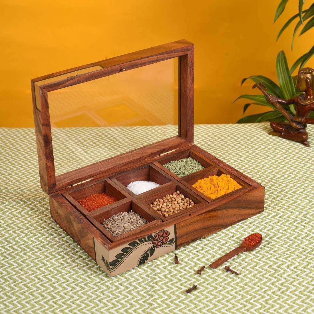Wooden Decorative Box With Container and Spoon-Wooden Masala Box For Kitchen - artystagallery