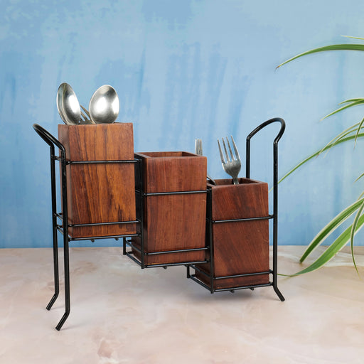 Wooden Cutlery Cum Stationary Holder With Stand, Set of 3