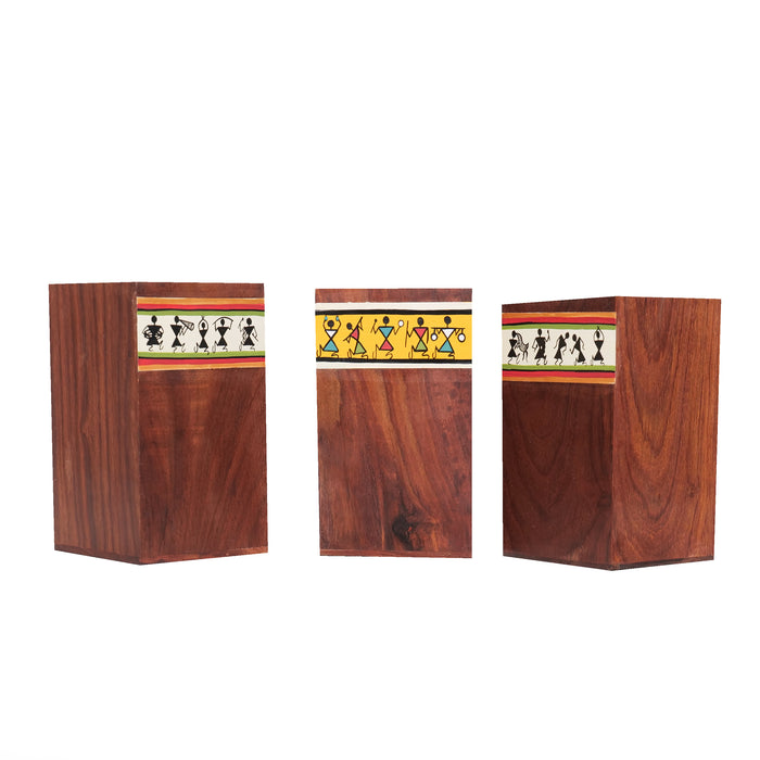 'Warli Trio' Wooden Cutlery Cum Stationary Holder, Set of 3
