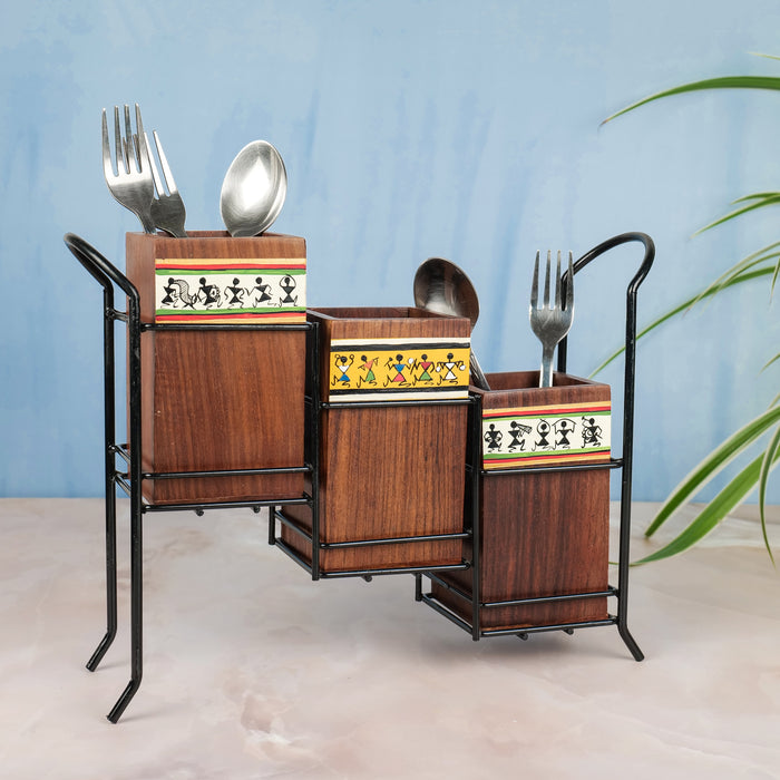 'Wooden Trio' Rectangular Cutlery Cum Stationary Holder With Stand, Set of 3