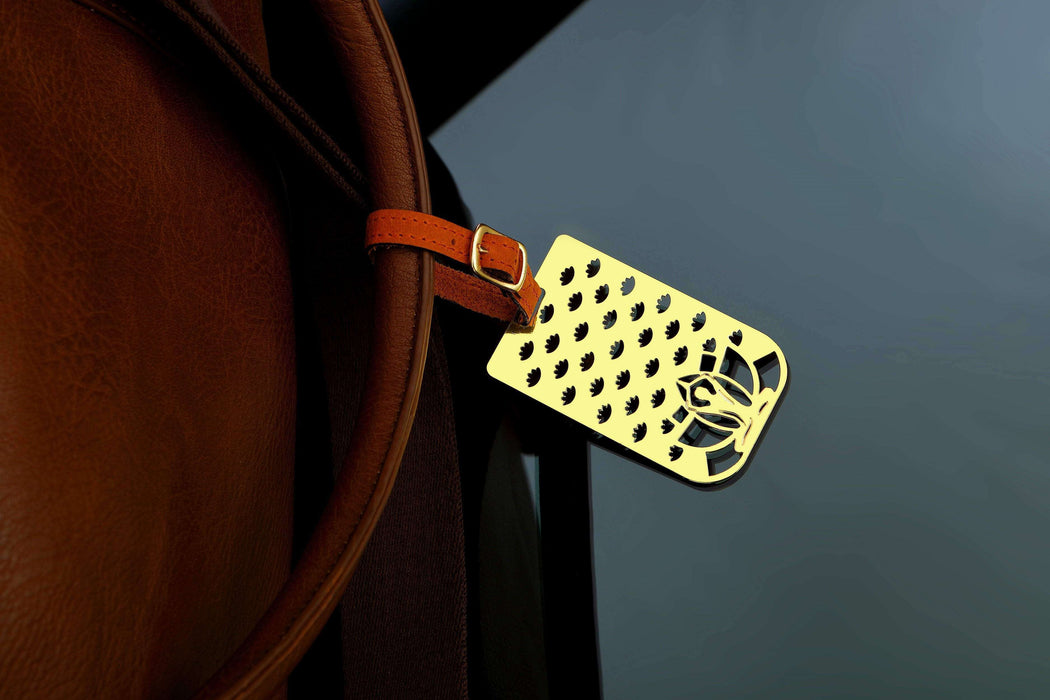Yoga Brass Metal Travel Luggage Suitcase Label ID Tag with genuine leather straps - artystagallery